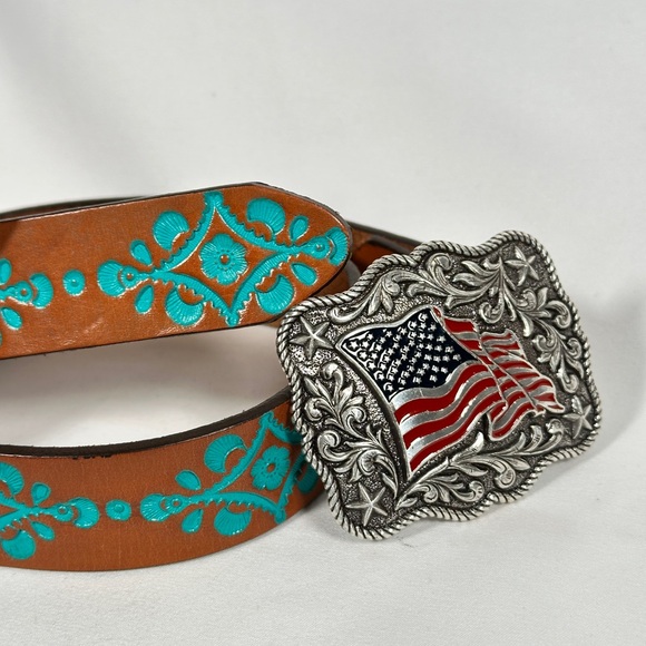 Justin western leather belt turquoise embossed floral with flag buckle size 24 - Picture 3 of 11